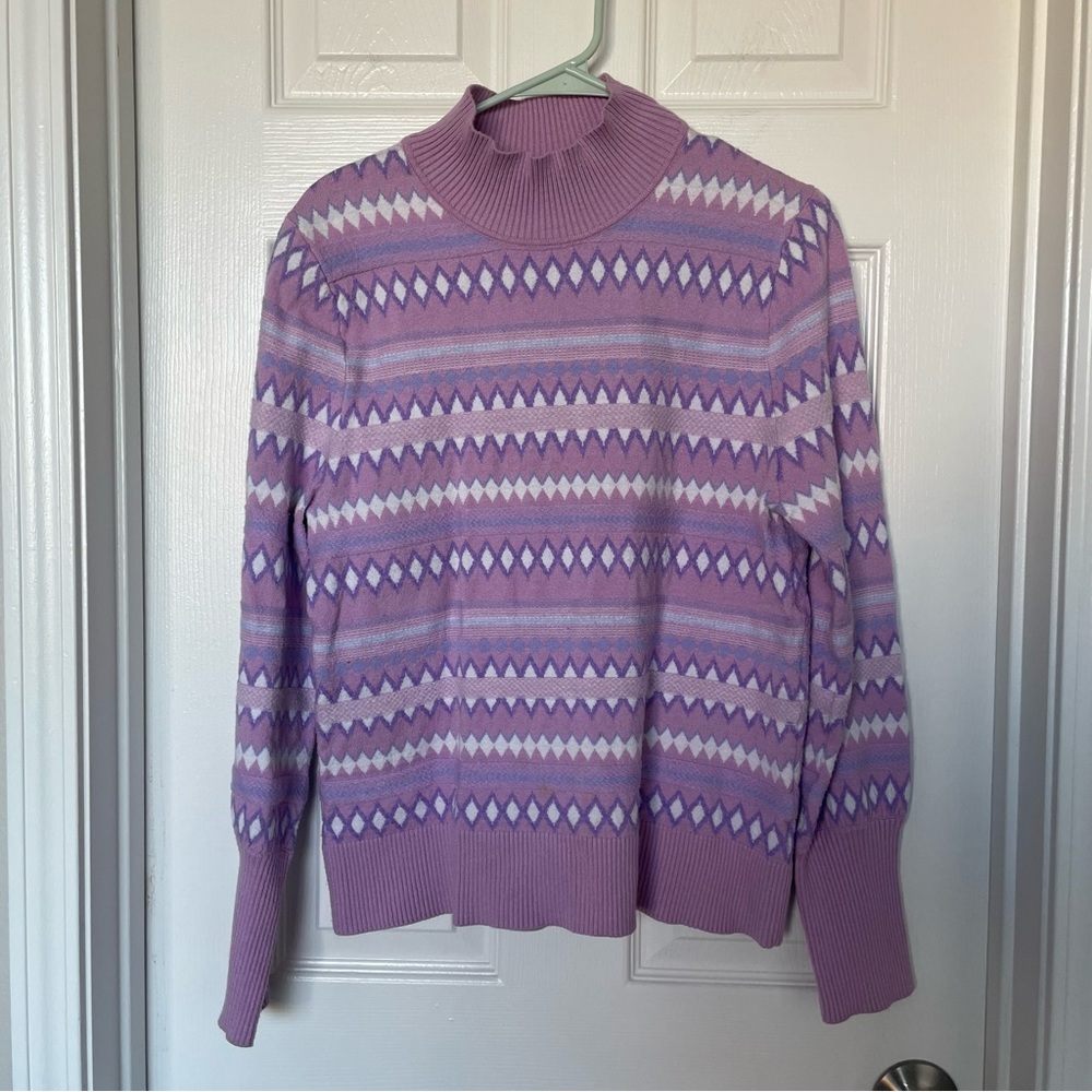 Aspen Mock Neck Sweater Lavender Purple Argyle Long Sleeve Size Large